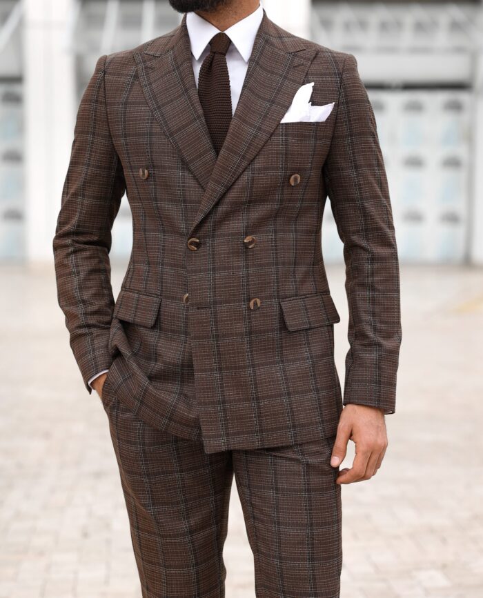 Essex Court SLIM FIT  BROWN CHECKED DOUBLE BREASTED MEN’S SUIT WITH PEAK LAPELS