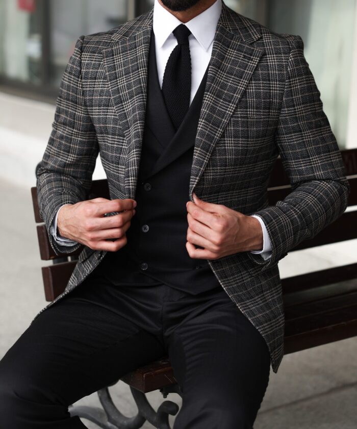 Oceana Close Slim fit dark grey and black chequered mixed three piece men's suit with peak lapels