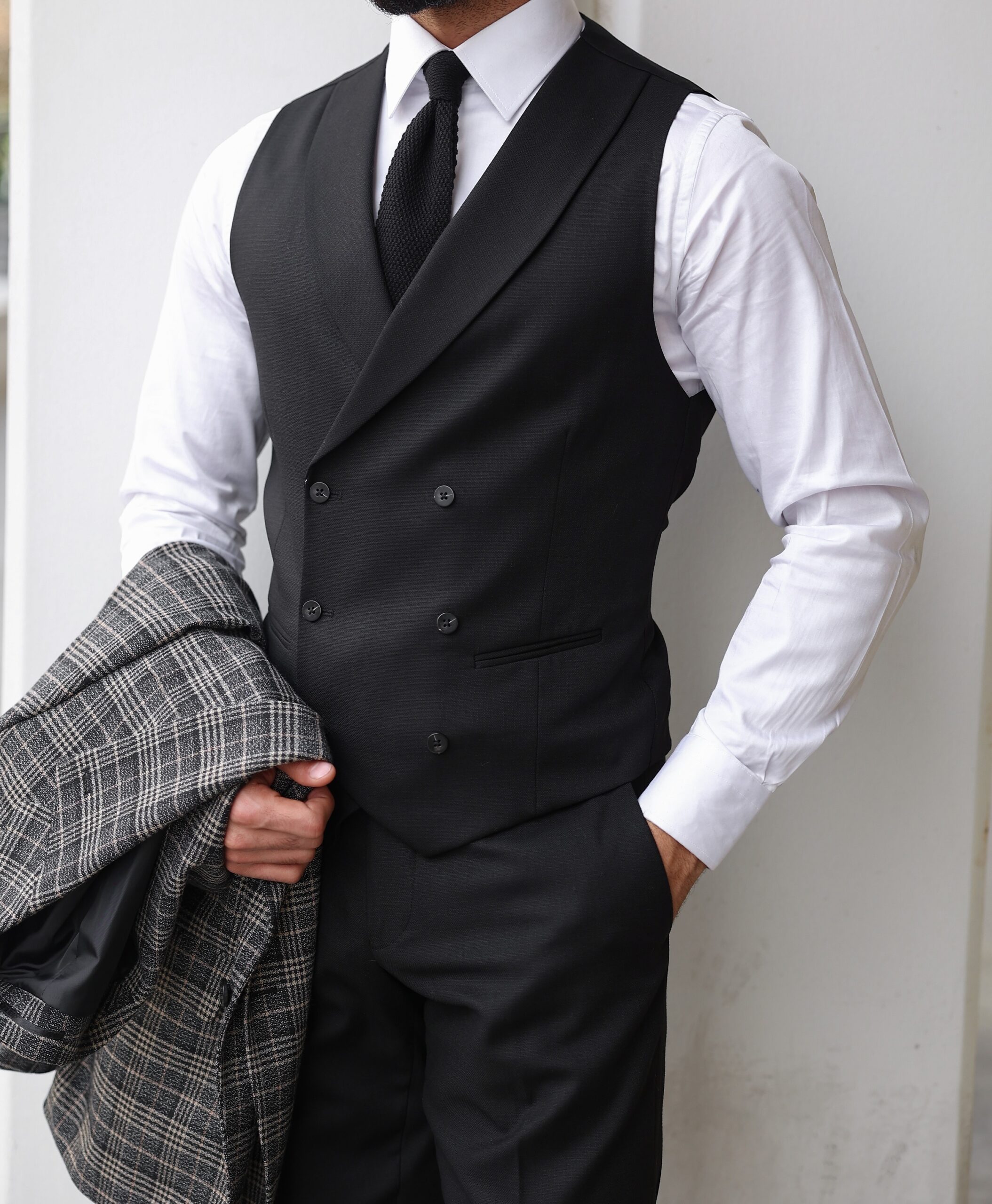 Oceana Close Slim Fit Dark Grey And Black Chequered Mixed Three Piece ...