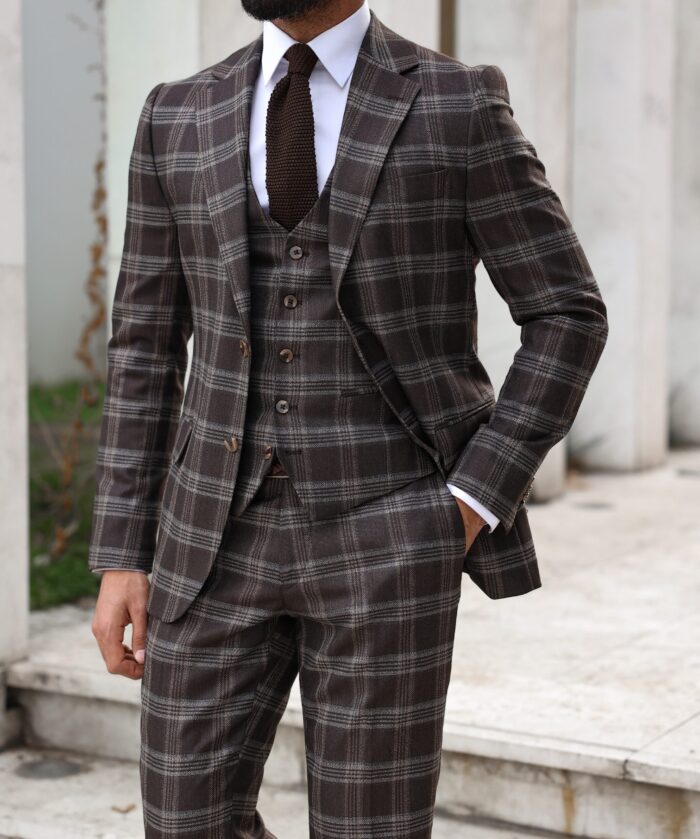 Queensbridge Road Slim fit dark brown checked men's three piece suit with peak lapels