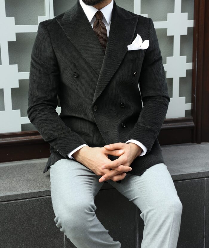 Rojack Place Slim fit double breasted forest green chord men’s blazer