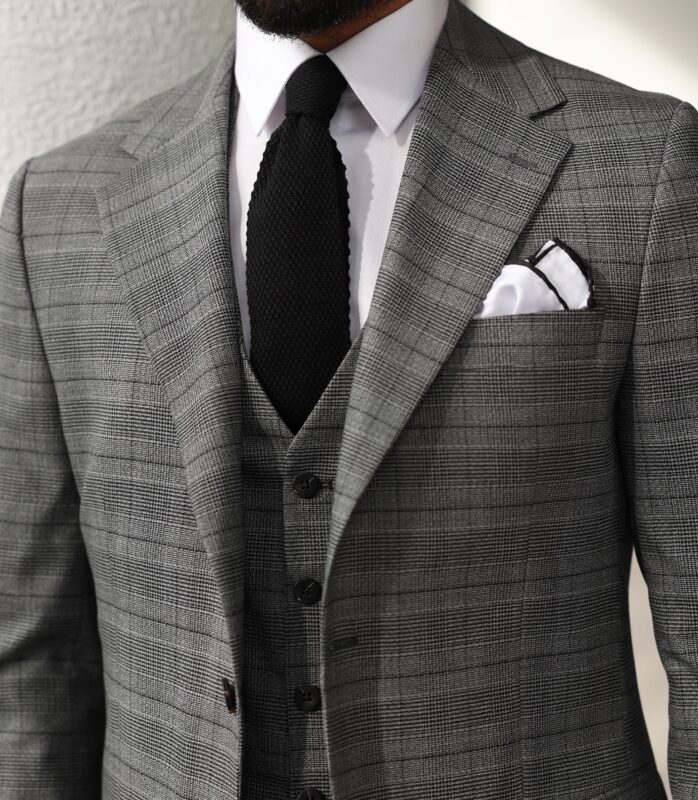 Sidcup Slim Fit Light Grey Checked Men's Three Piece Suit With Peak ...
