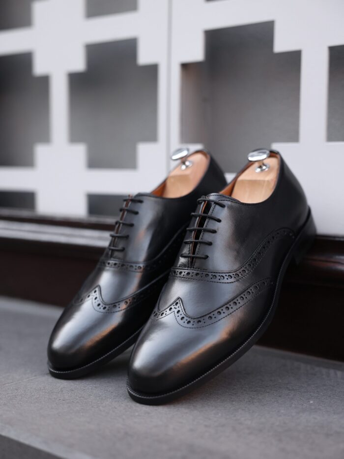 Bologne Men's all black calf leather oxford shoes