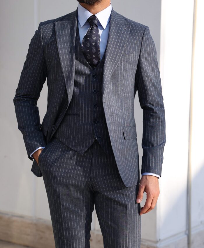 Boones road Slim fit charcoal slate pinstripe three piece men's suit with peak lapels