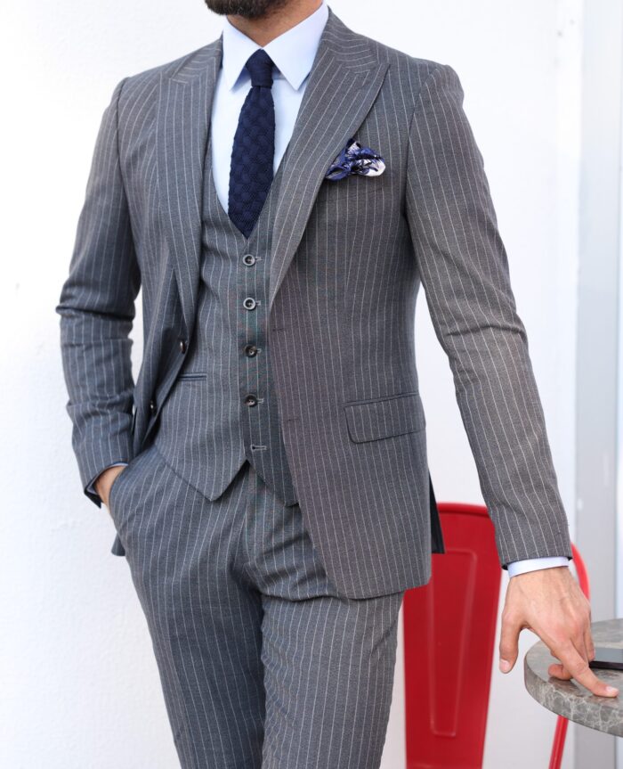 Dalling Road Slim Fit Slate Pinstripe Three Piece Men's Suit With Peak ...