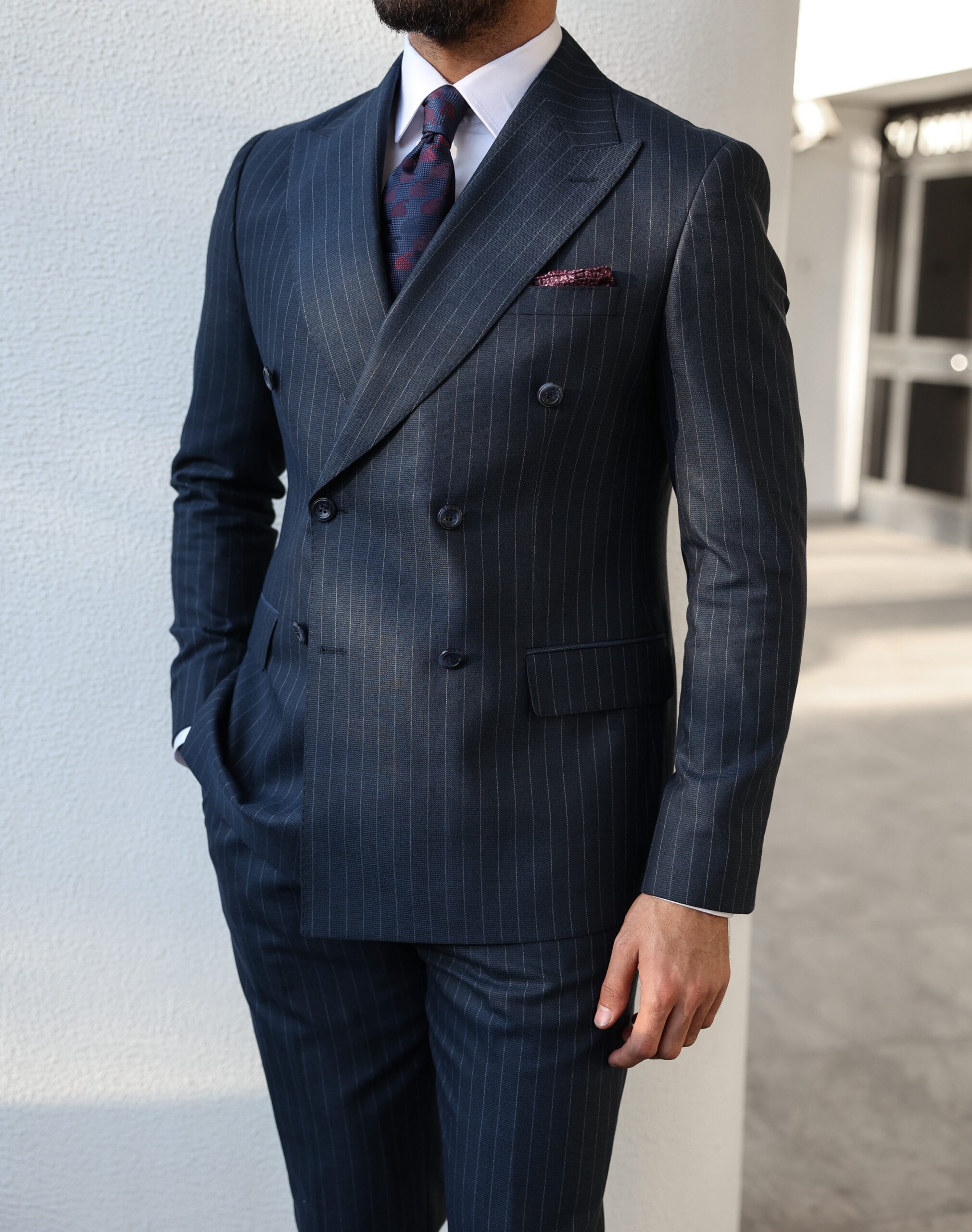 Buy Blue Slim Fit Double Breasted Pinstripe Suit by