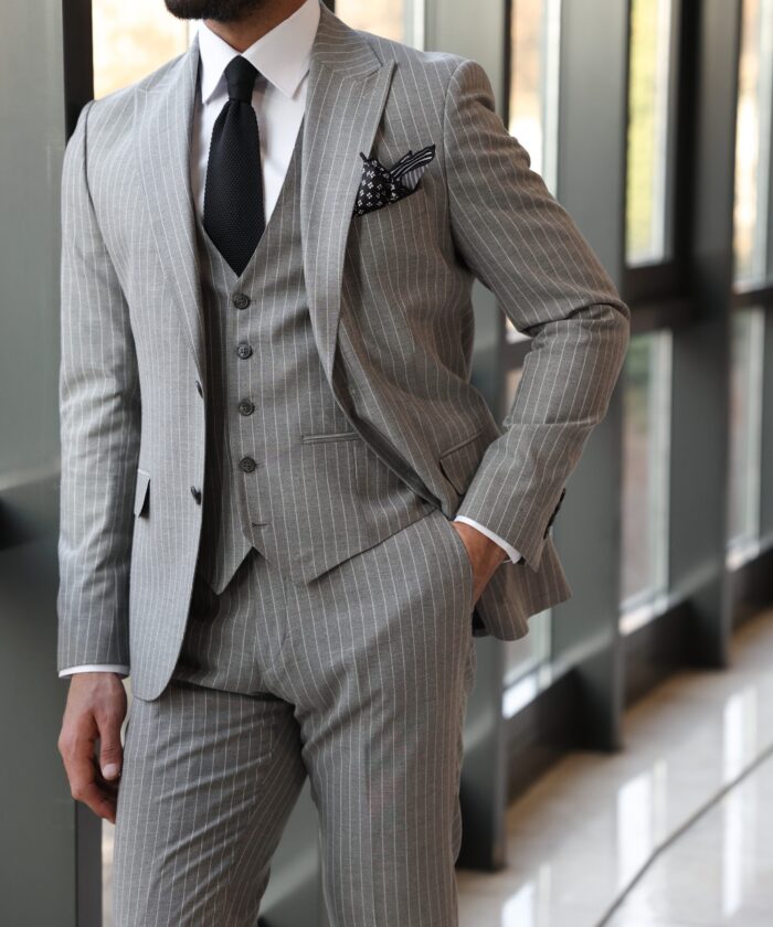 Flora Gardens Slim fit light grey pinstripe three piece men's suit with peak lapels