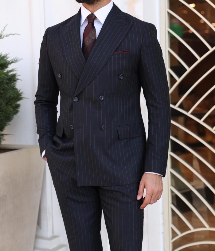 Summerfield road Slim fit dark blue pinstripe double breasted men's two piece suit with peak lapels