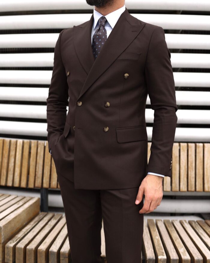 Kinglake Place Slim fit dark brown double breasted men's two piece suit with peak lapels