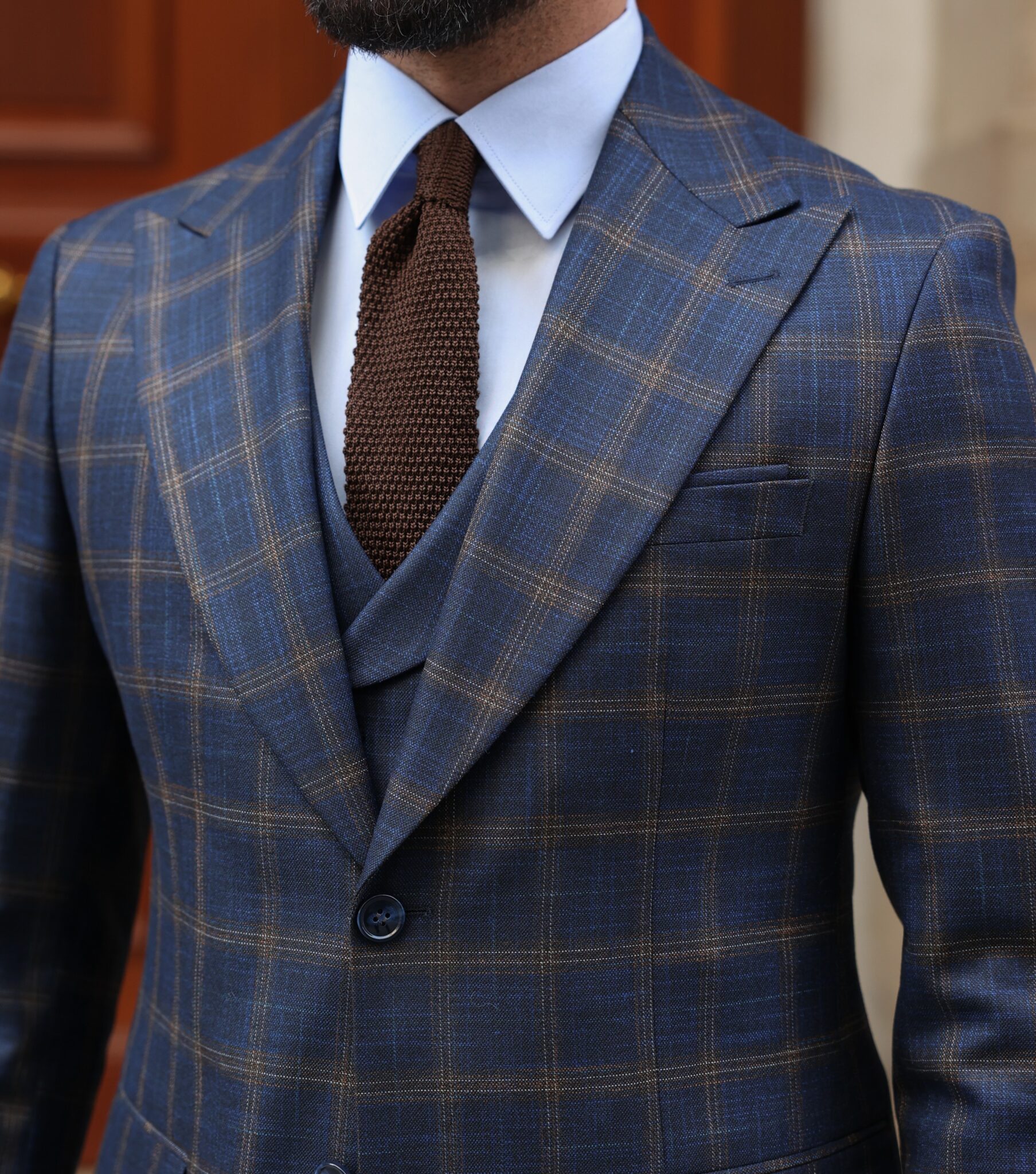 Argyle Walk Slim Fit Dark Blue Chequered Mixed Three Piece Suit With A ...