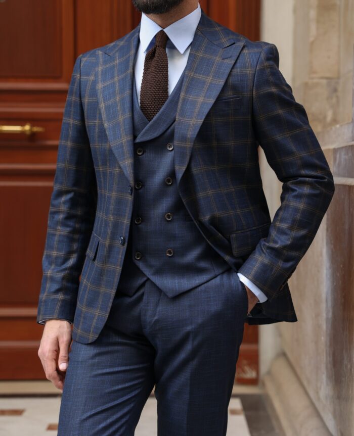 Argyle Walk Slim Fit Dark Blue Chequered Mixed Three Piece Suit With A ...