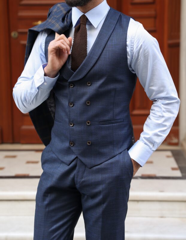 Argyle Walk Slim Fit Dark Blue Chequered Mixed Three Piece Suit With A ...