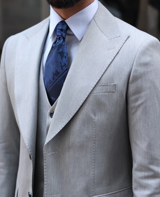 Bridge Arcade Slim Fit Light Grey Three Piece Suit With Peak Lapels ...