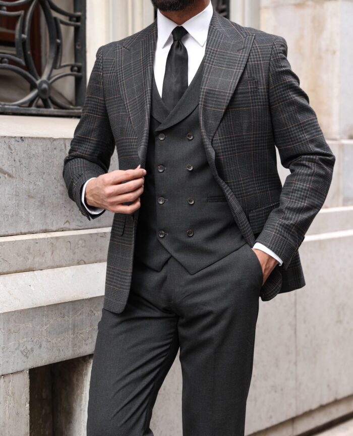 Consort Road Slim fit light charcoal chequered mixed three piece suit with a double breasted waistcoat and peak lapels