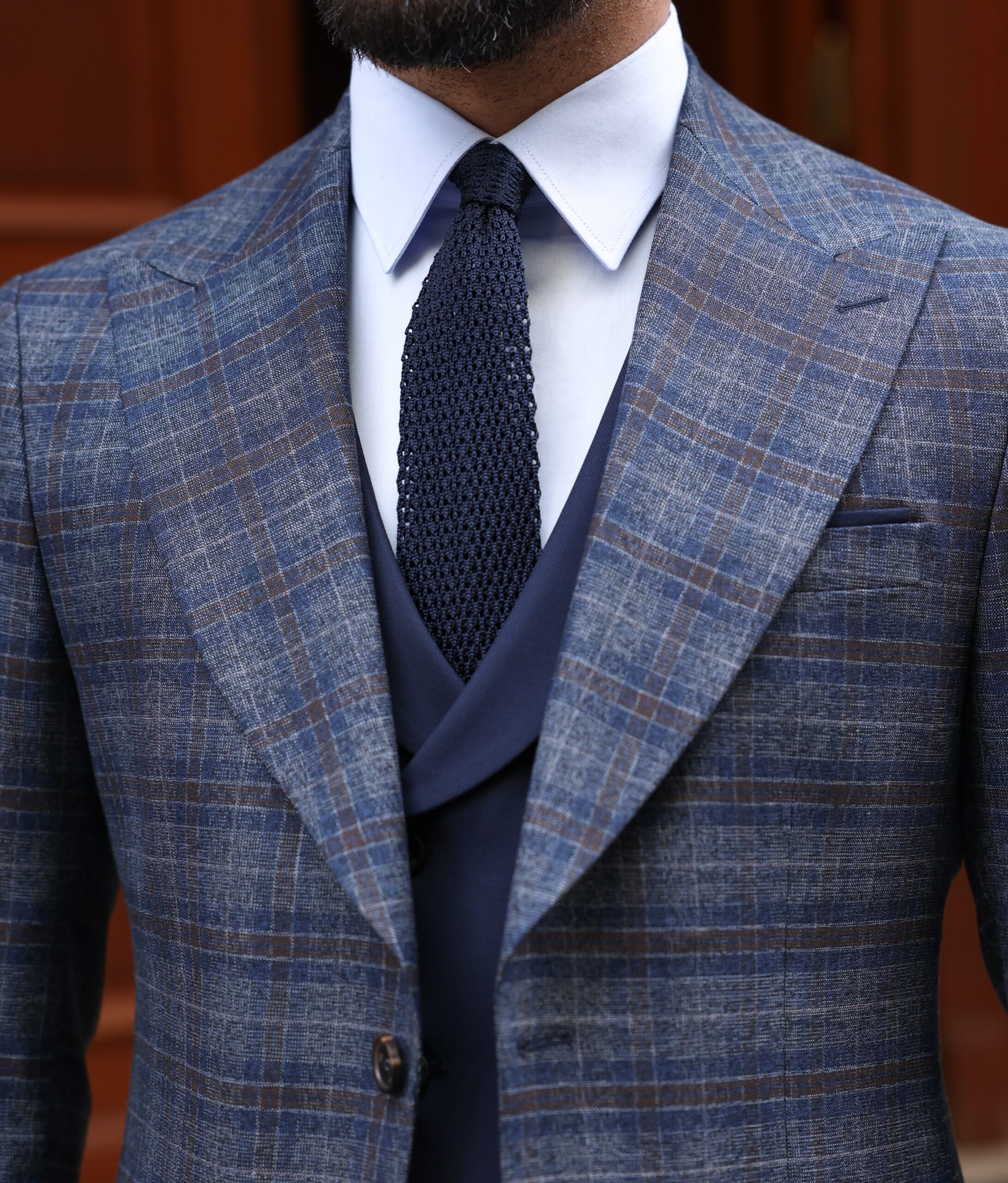 County Street Slim Fit Dark Blue Chequered Mixed Three Piece Suit With ...