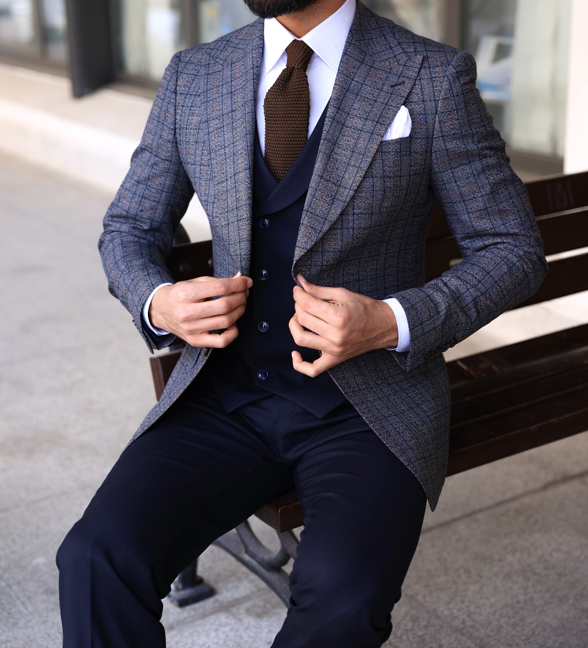 Blue 3 piece suit with grey waistcoat hotsell