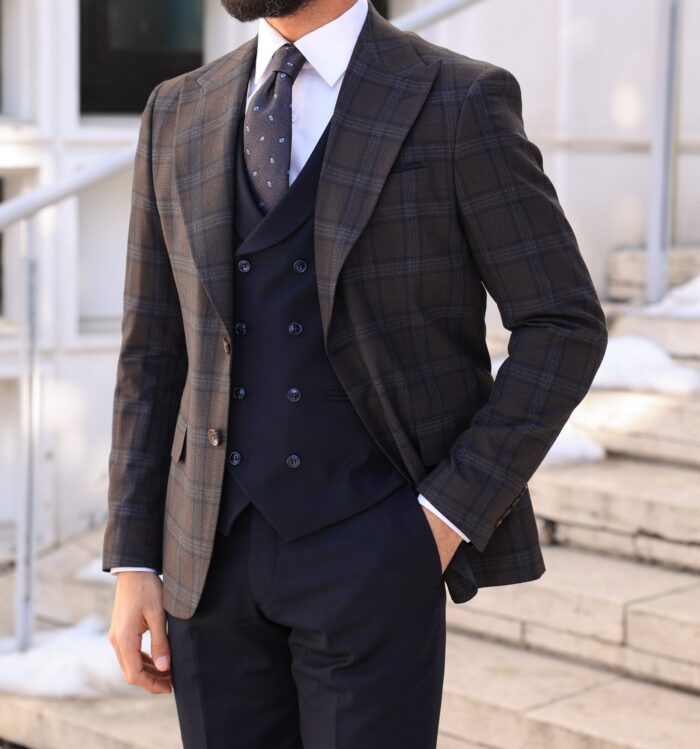 Elia Street Slim fit dark brown and navy chequered mixed three piece suit with a double breasted waistcoat and peak lapels