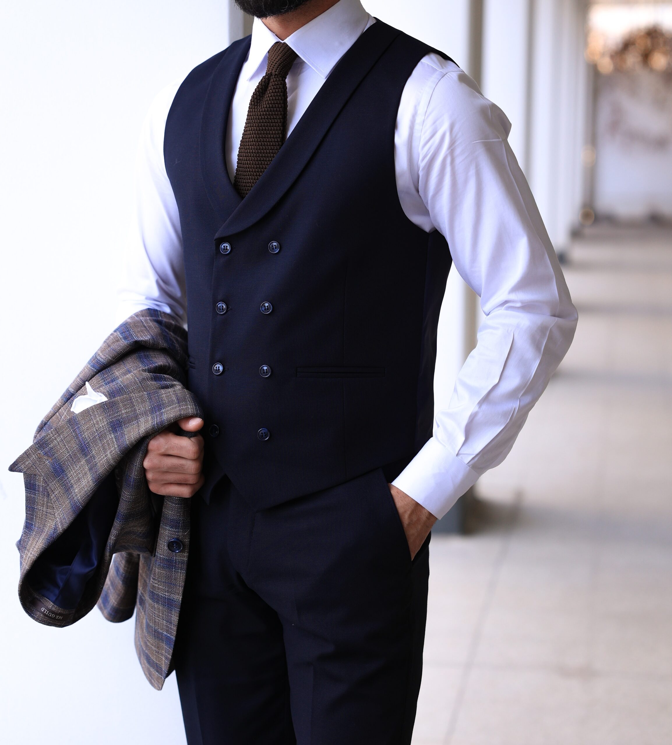 Hawes Street Slim Fit Navy Blue And Light Brown Chequered Mixed Three ...