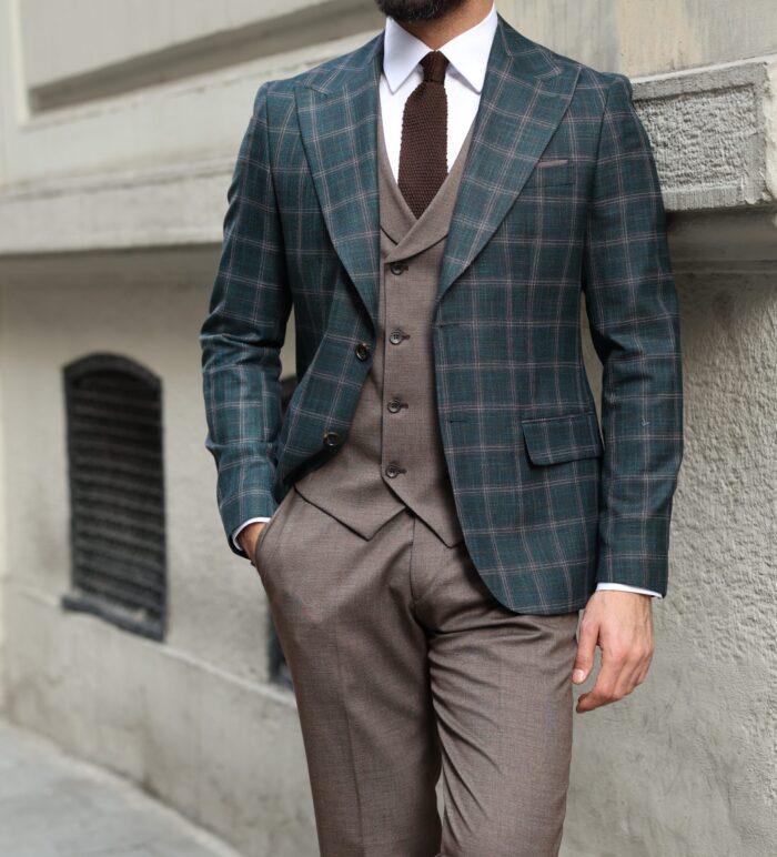 Herald Street Slim fit forest green and mocha chequered mixed three piece suit with a double breasted waistcoat and peak lapels
