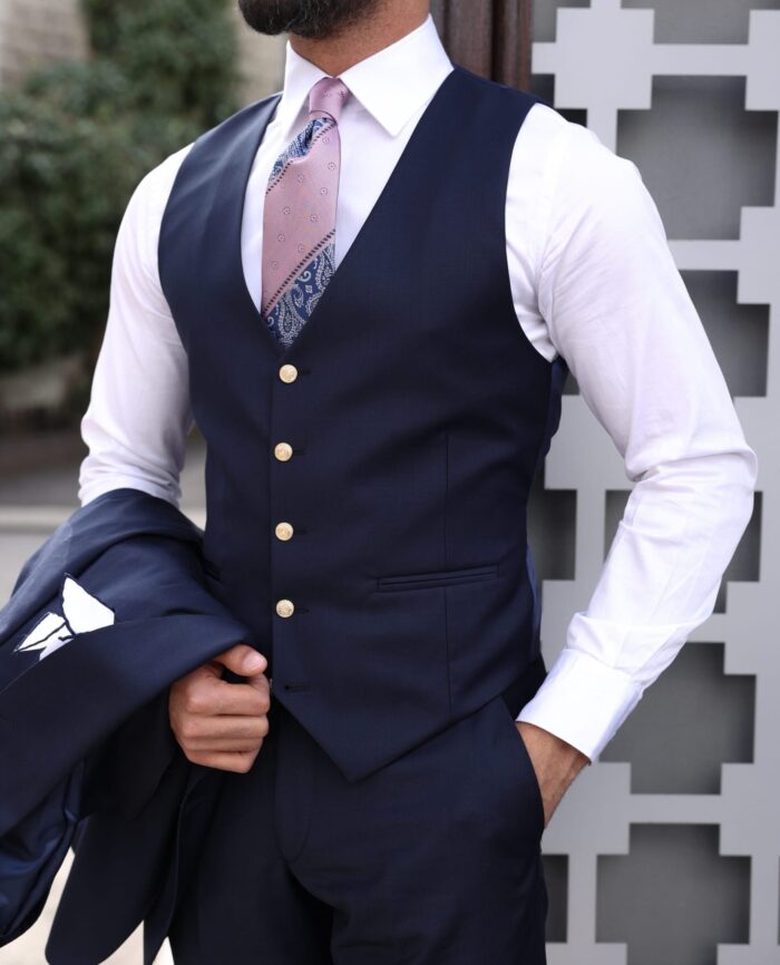 Clifton Villas Slim fit dark blue men's three piece suit with decorative gold buttons and peak lapels