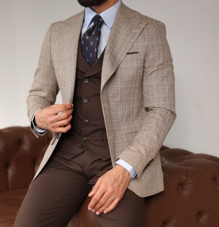 Aviland Street Slim fit cream and chocolate brown mixed chequered three piece suit with a double breasted waistcoat and peak lapels