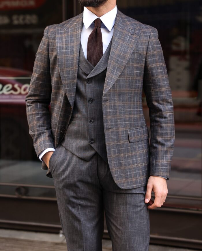 Chalkway street Slim fit charcoal grey mixed men's three piece suit with a double breasted waistcoat peak lapels