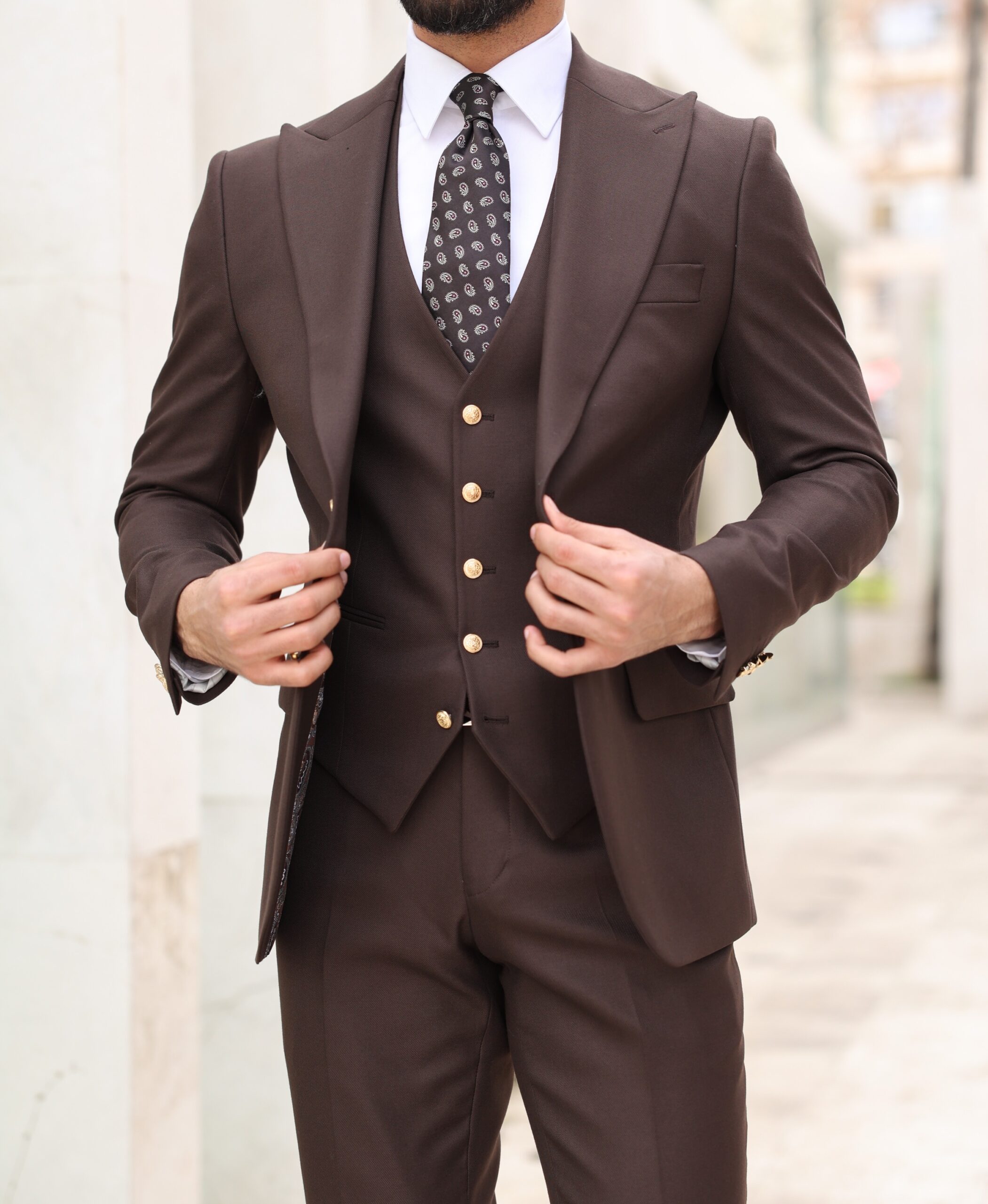 Florio Court Slim Fit Chocolate Brown Men’s Three Piece Suit With ...