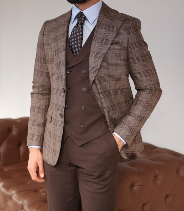 Fludyer Street Slim fit mocha and chocolate brown mixed chequered three piece suit with a double breasted waistcoat and peak lapels