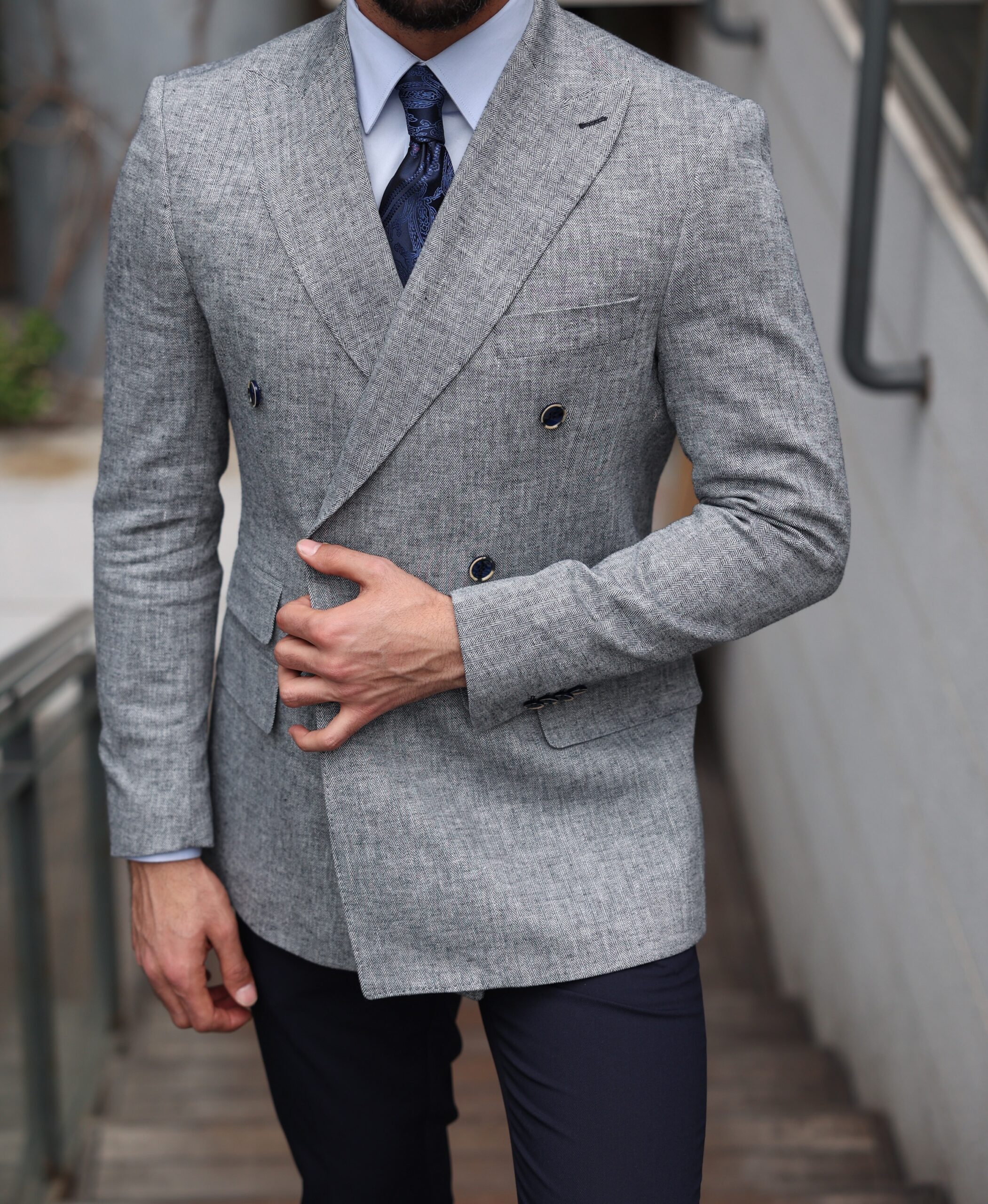 Gonson Street Slim Fit Light Grey Double Breasted Men's Blazer | MrGuild