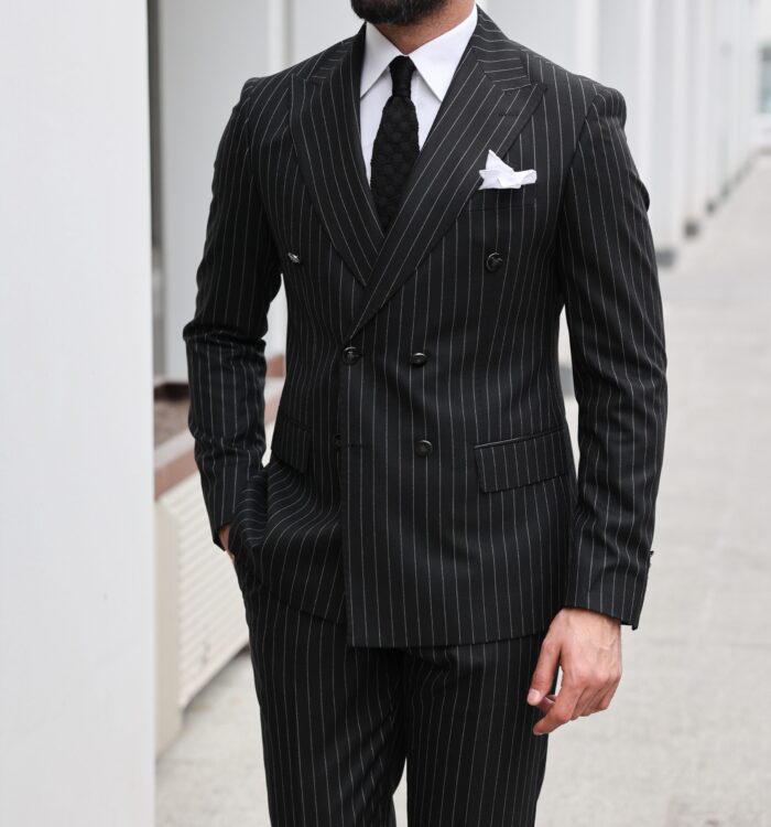 Jerome Street Slim fit all black pinstriped double breasted two piece suit with peak lapels