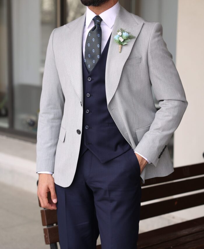 Little Windmill Street Slim fit dark blue and grey mixed men's three piece suit with peak lapels