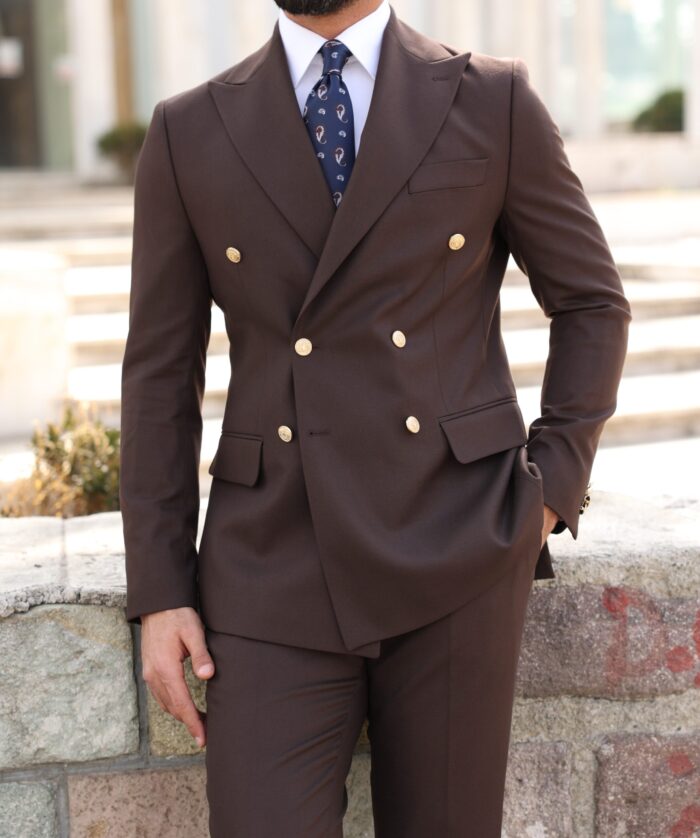 Mecklenburgh Place Slim fit chocolate brown double breasted men's two piece suit with decorative gold buttons and peak lapels