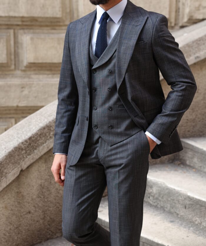 Stepping road Slim fit charcoal grey men’s three piece suit with a double breasted waistcoat peak lapels