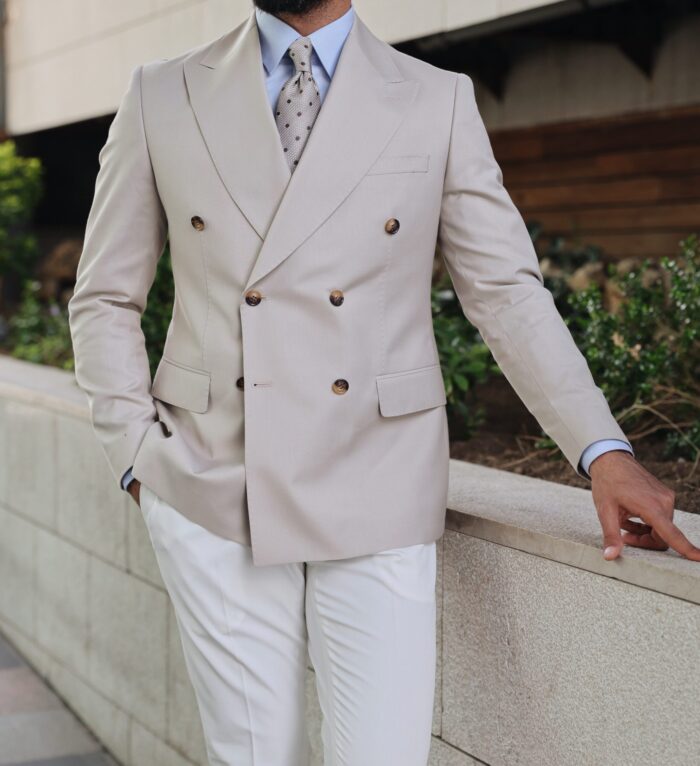 Cundy Street Tailored slim fit cream and white double breasted mix combined suit with peak lapels
