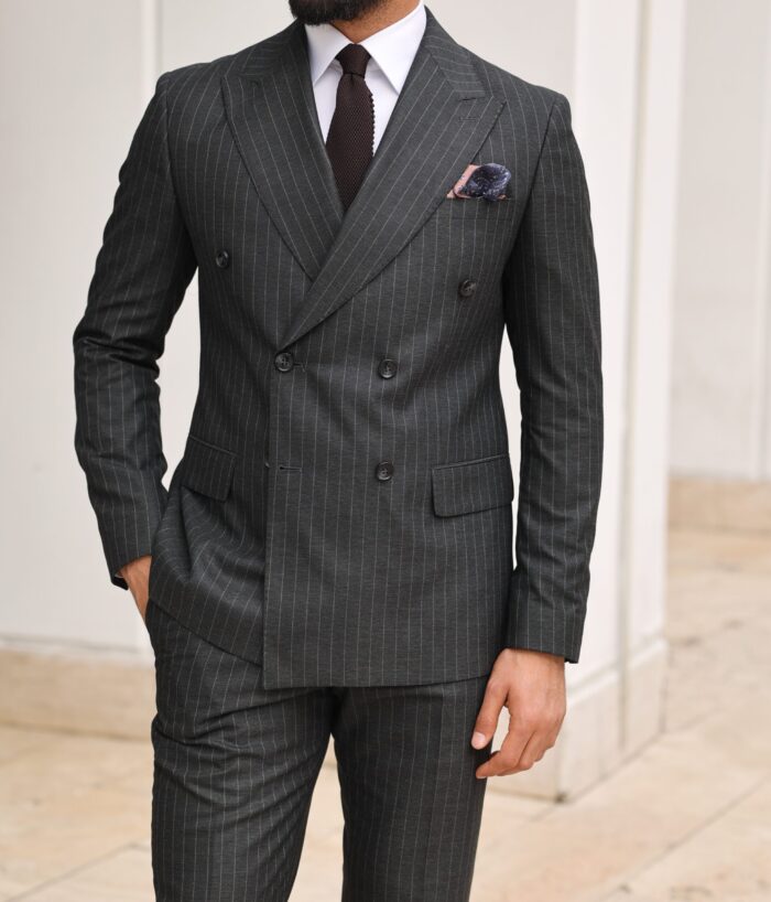 Norman Road Tailored slim fit pinstripe dark grey men's double breasted suit with peak lapels