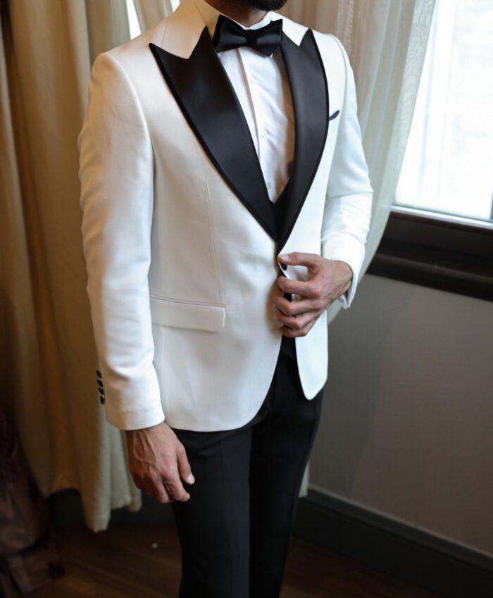 Augustus Tailored slim fit white men's tuxedo with satin peak lapels