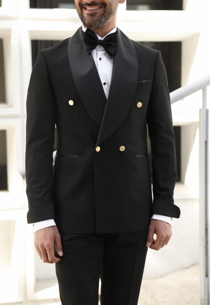 Avery Tailored slim fit all black double breasted men's tuxedo with satin peak lapels