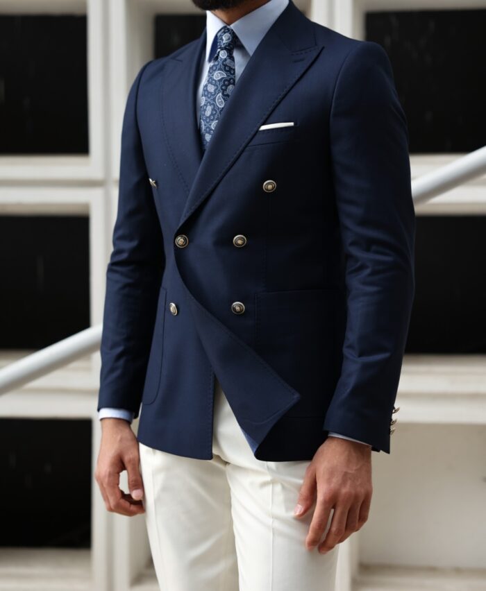 Aberavon Road Tailored slim fit dark blue and white double breasted mixed combine men's suit with peak lapels