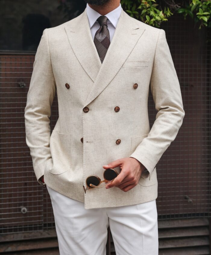 Angrave Terrace Tailored slim fit cream and white double breasted mixed combine men's suit with peak lapels