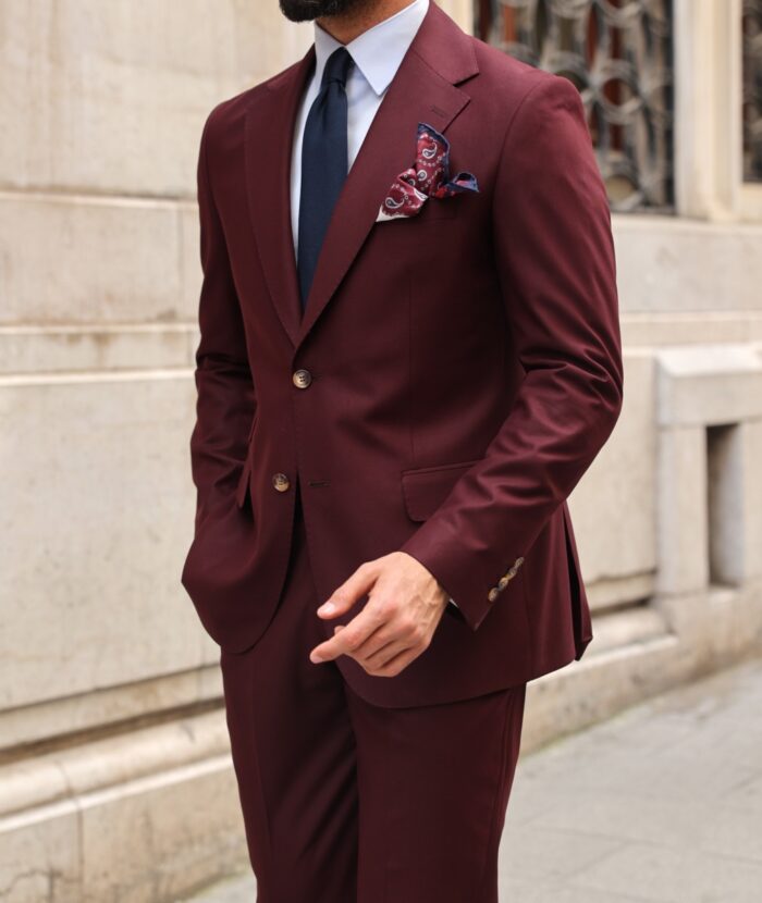 Geary Street Tailored slim fit crimson red men's two piece suit with peak lapels