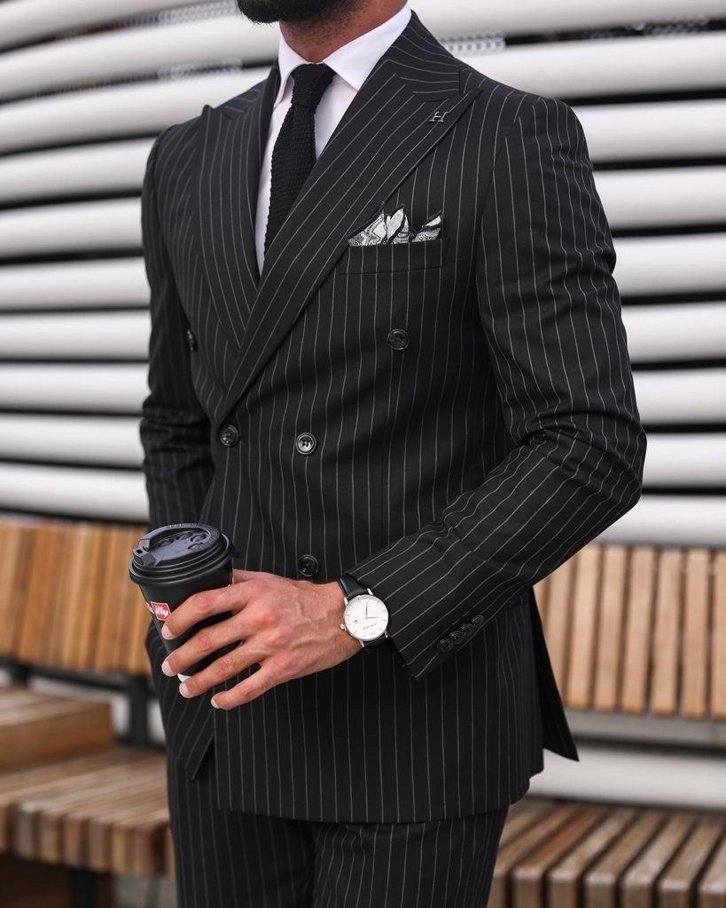 Colchester TAILORED SLIM Fit ALL BLACK Pinstripe Double BREASTED Men's ...