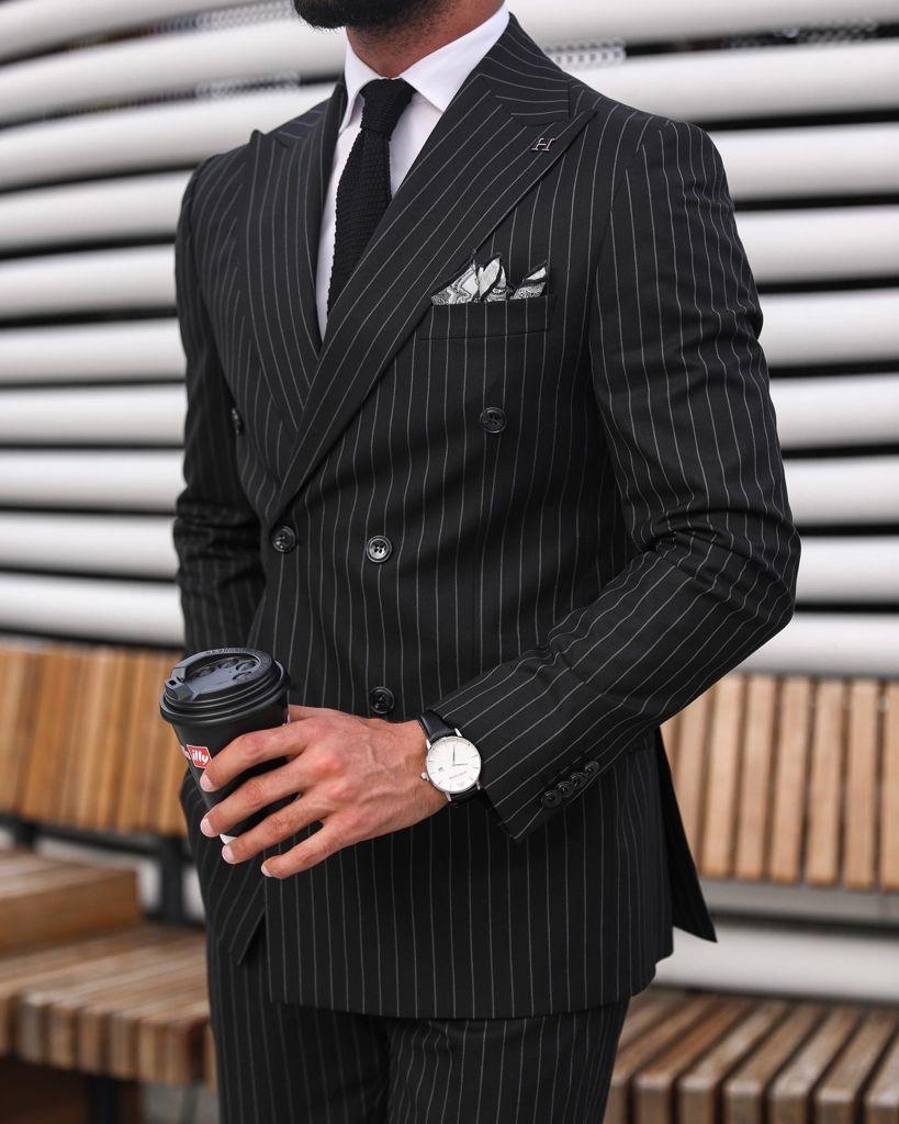 Colchester TAILORED SLIM Fit ALL BLACK Pinstripe Double BREASTED Men s 