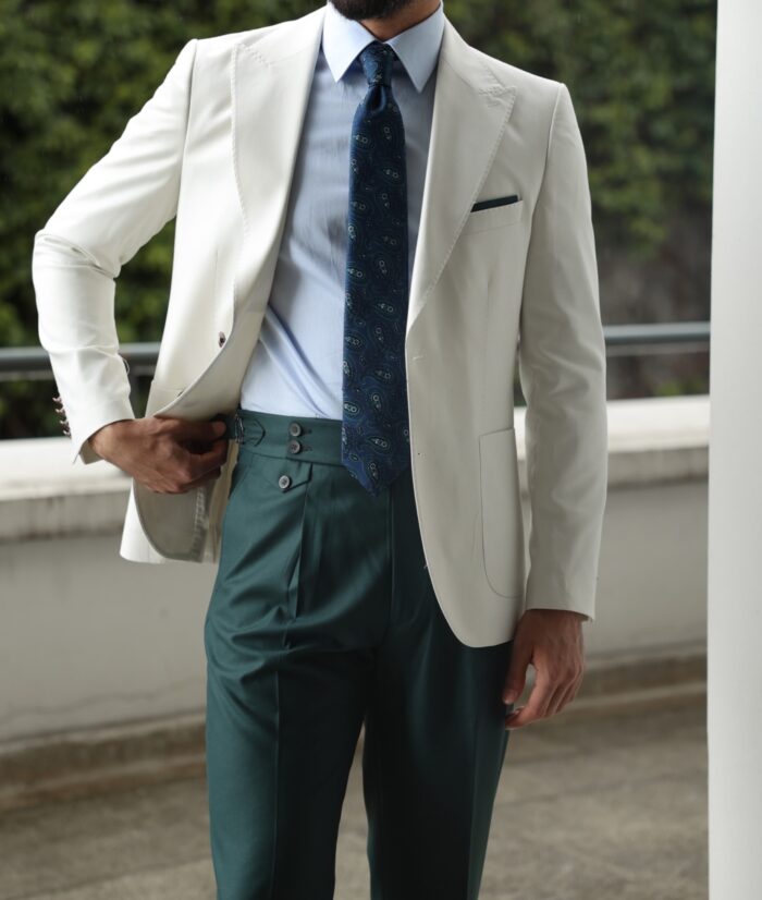 Netley Street Tailored slim fit ecru and emerald green mixed combine two piece men's suit with peak lapels