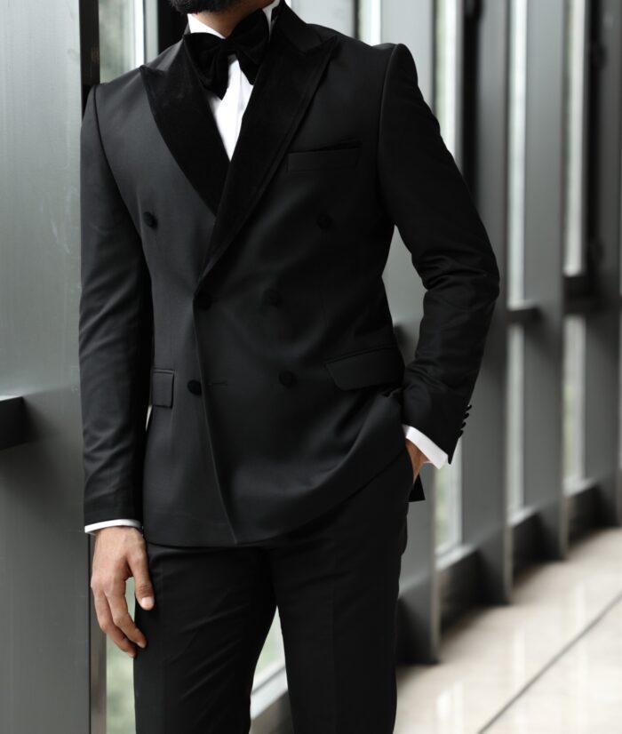 Thomas Tailored slim fit all black double breasted men's tuxedo with velvet peak lapels