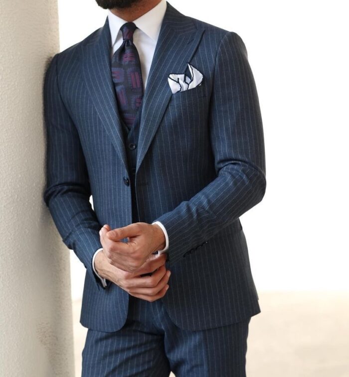 Berwick Street Tailored slim fit dark blue pinstripe  men's three piece suit with peak lapels