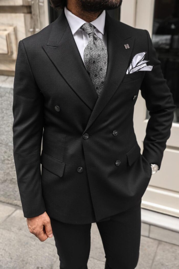 Woodin Street Tailored slim fit all black double breasted men's suit with peak lapels