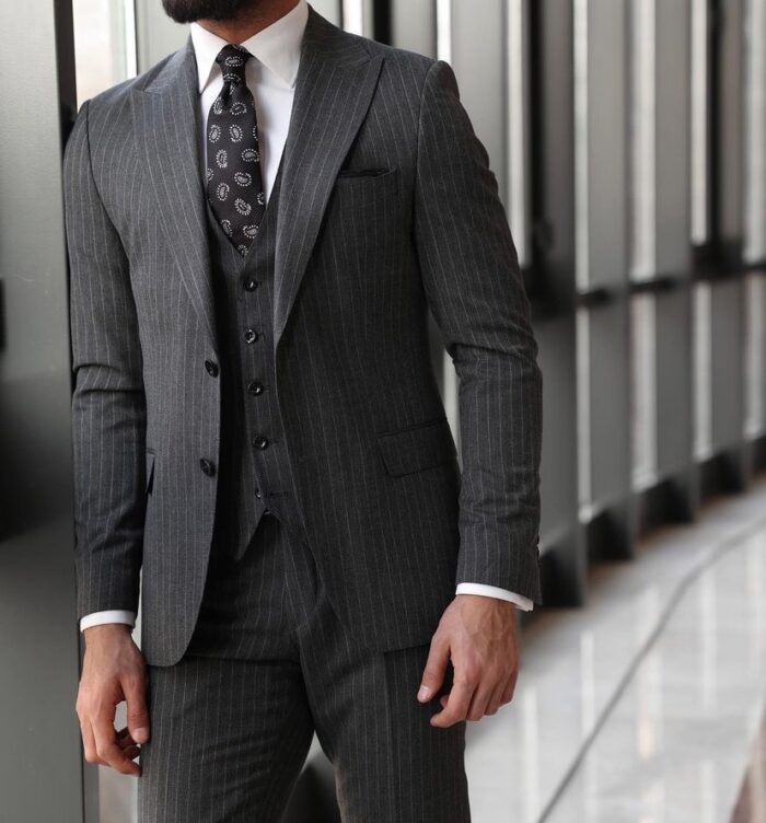 Ship Lane Slim fit mid grey pinstripe three piece men’s suit with peak lapels