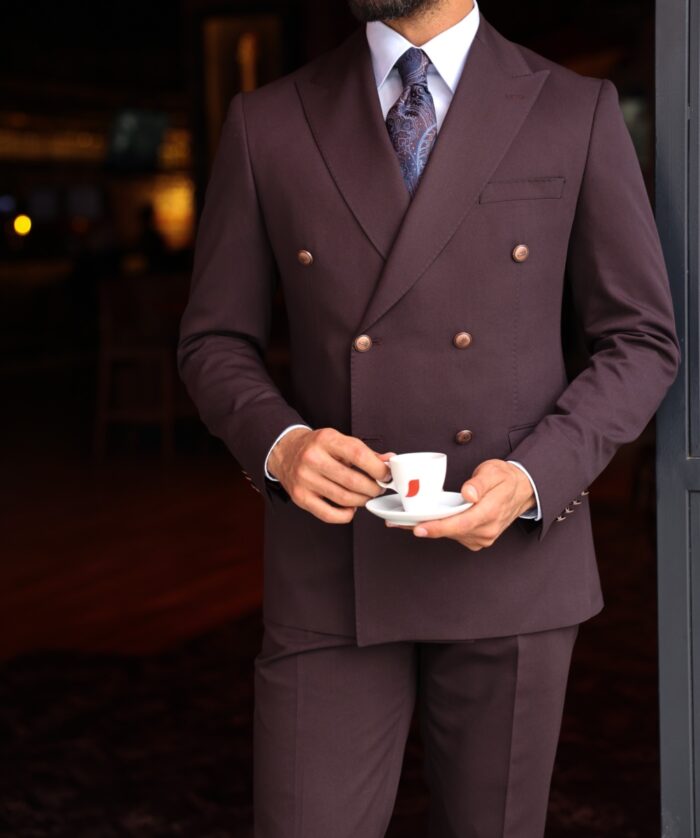 Varndell Street Tailored slim fit burgundy double breasted men's suit with peak lapels