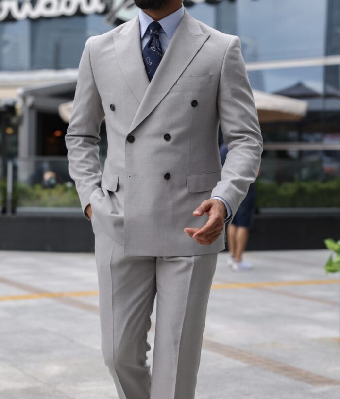 Woodfall Road Tailored slim fit light grey double breasted men's suit with peak lapels