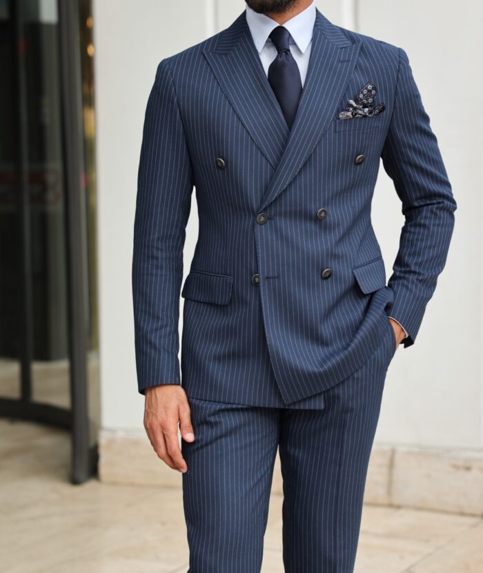Worlidge Street Tailored slim fit French blue double breasted men's suit with peak lapels